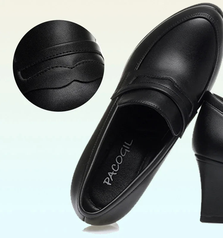 High Heels for Women 2025 Spring Slip on Pointed Toe Platform Heels Chunky Loafers Woman Black PU Leather Uniform College Shoes