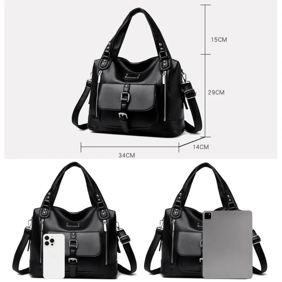Women's Casual Tote Soft Leather Handbag Luxury Designer Shoulder Crossbody Hand Bag Ladies Shopping Sac Front Double Zipper