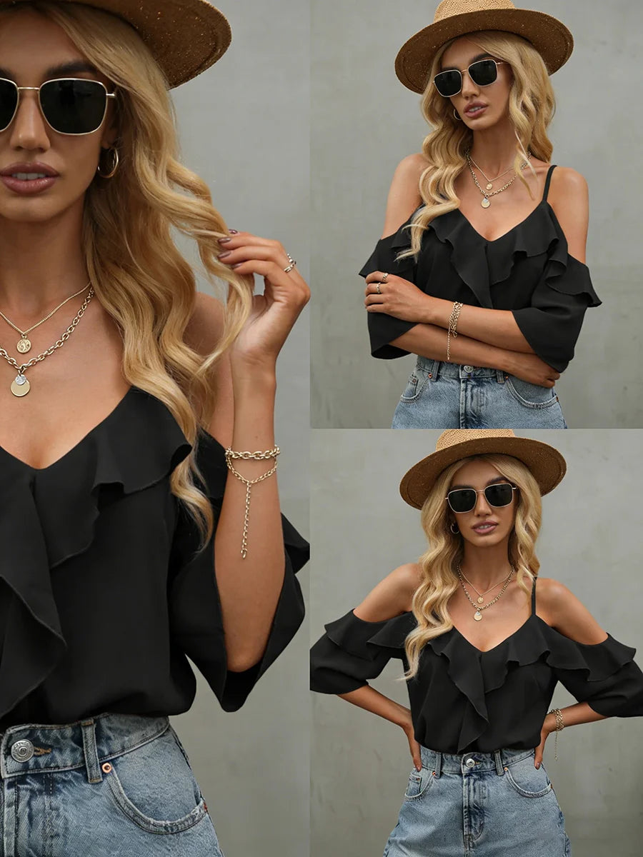 Womens Blouse Cold Shoulder Ruffle V Neck Strap Blouse Ruffle Shirt Loose Fit Casual Chic Apparel Tops Spring Summer Daily Shirt