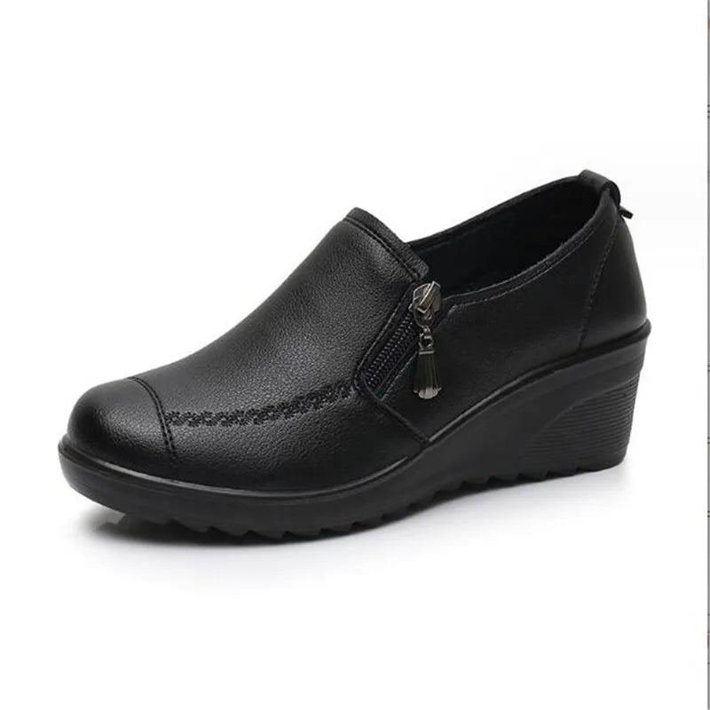 Classic Genuine Leather Women Shoes Round Toe Casual Comfortable Women's Wedge Shoes Spring Autumn Fashion Mother Shoes 10models
