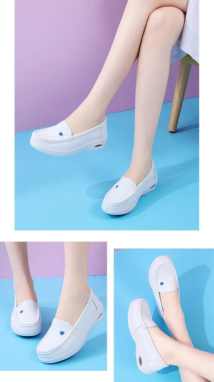 2025 New Women Flat Leather Shoes Casual White Wedge with Soft Bottom Love Heart Comfortable Mom Nurse Work Shoes Zapatillas