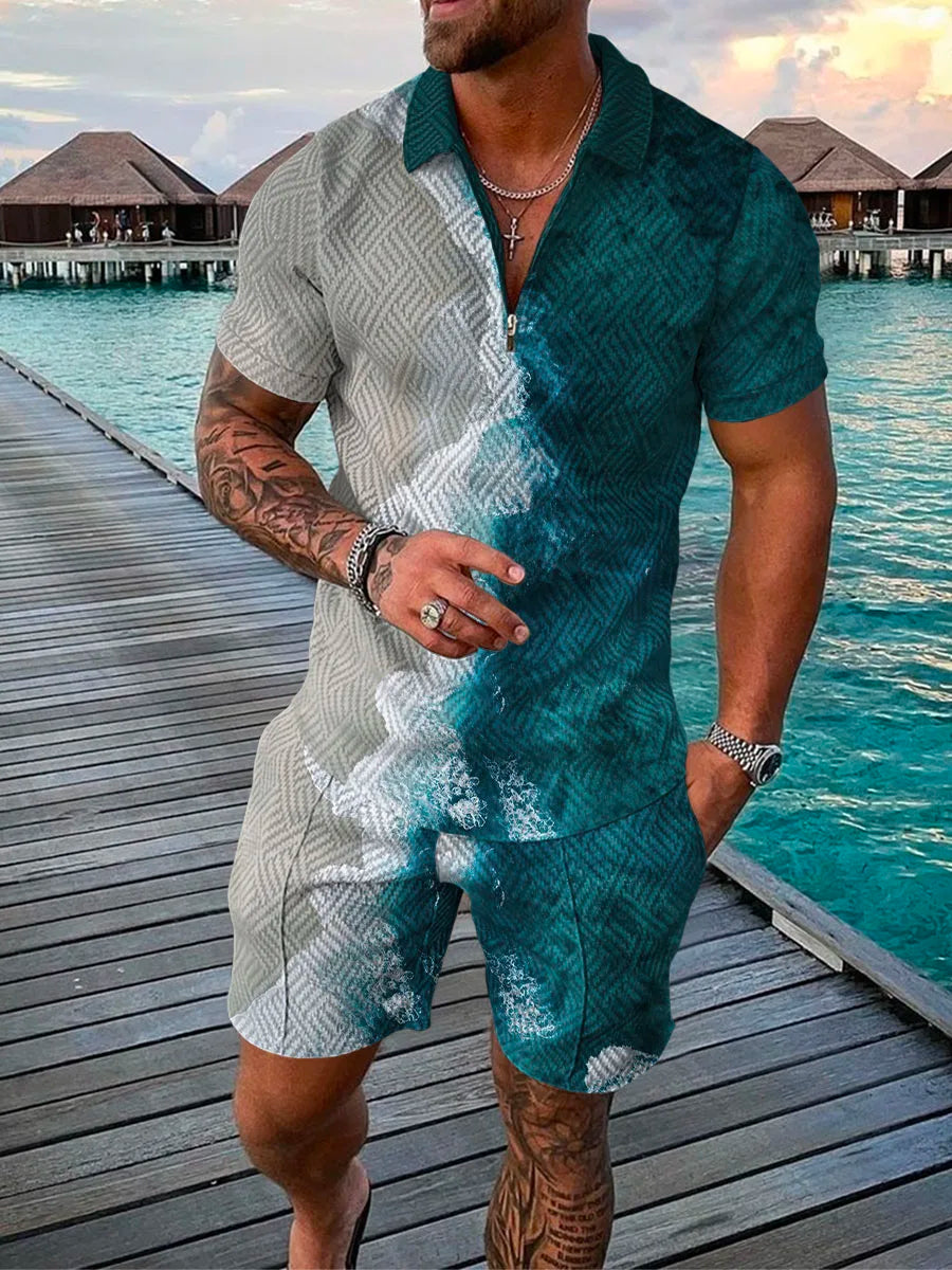 Men's Polo Tracksuit Set Summer Fashion Men Short Sleeve Zipper Polo Shirt&Shorts Set for Men Casual Streetwear 2 Piece Suit
