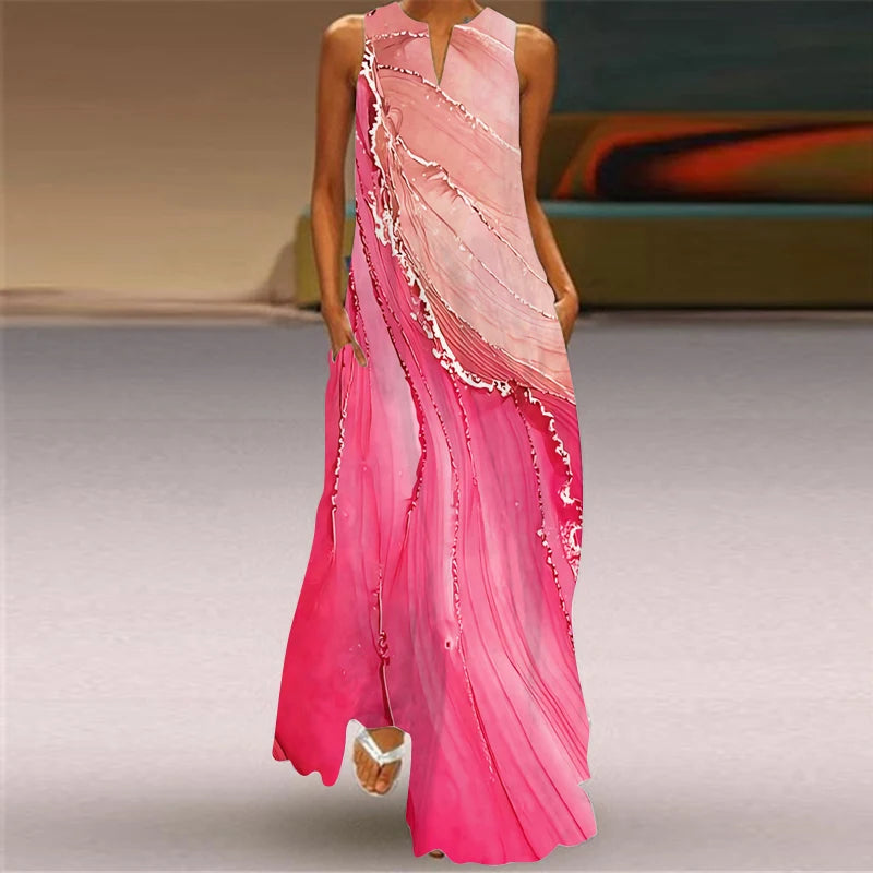 Elegant Dresses for Woman 3D Printed Dresses Summer Sleeveless V-Neck Long Dress Ladies Casual Elegant Beach Party Maxi Dresses