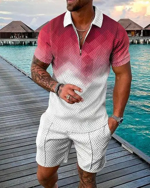 Men's Polo Tracksuit Set Summer Fashion Men Short Sleeve Zipper Polo Shirt&Shorts Set for Men Casual Streetwear 2 Piece Suit