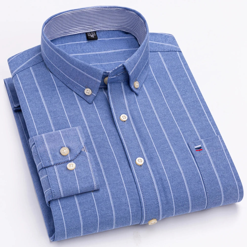 Men's Oxford Long Sleeve Shirt 100% Cotton Wrinkle Resistant & Breathable, Solid Plaid Striped Comfort Casual Button-down Shirts