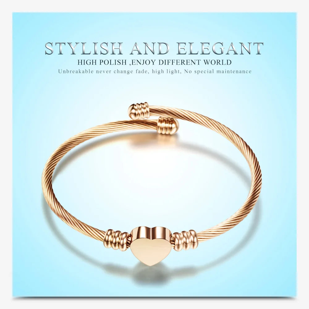 Stainless Steel Bangle For Women Heart Seal Accessories Adjustable Size