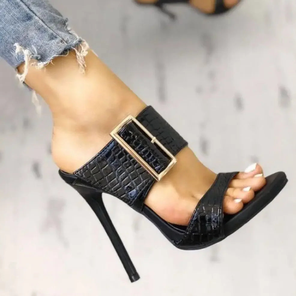 Women's Sandals Open Toe High Heeled Slippers Big Buckle Heels  Sandalias Mujer  Ladies Shoes  Heels Women Slender Heel