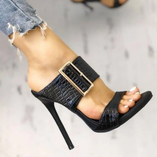 Women's Sandals Open Toe High Heeled Slippers Big Buckle Heels  Sandalias Mujer  Ladies Shoes  Heels Women Slender Heel
