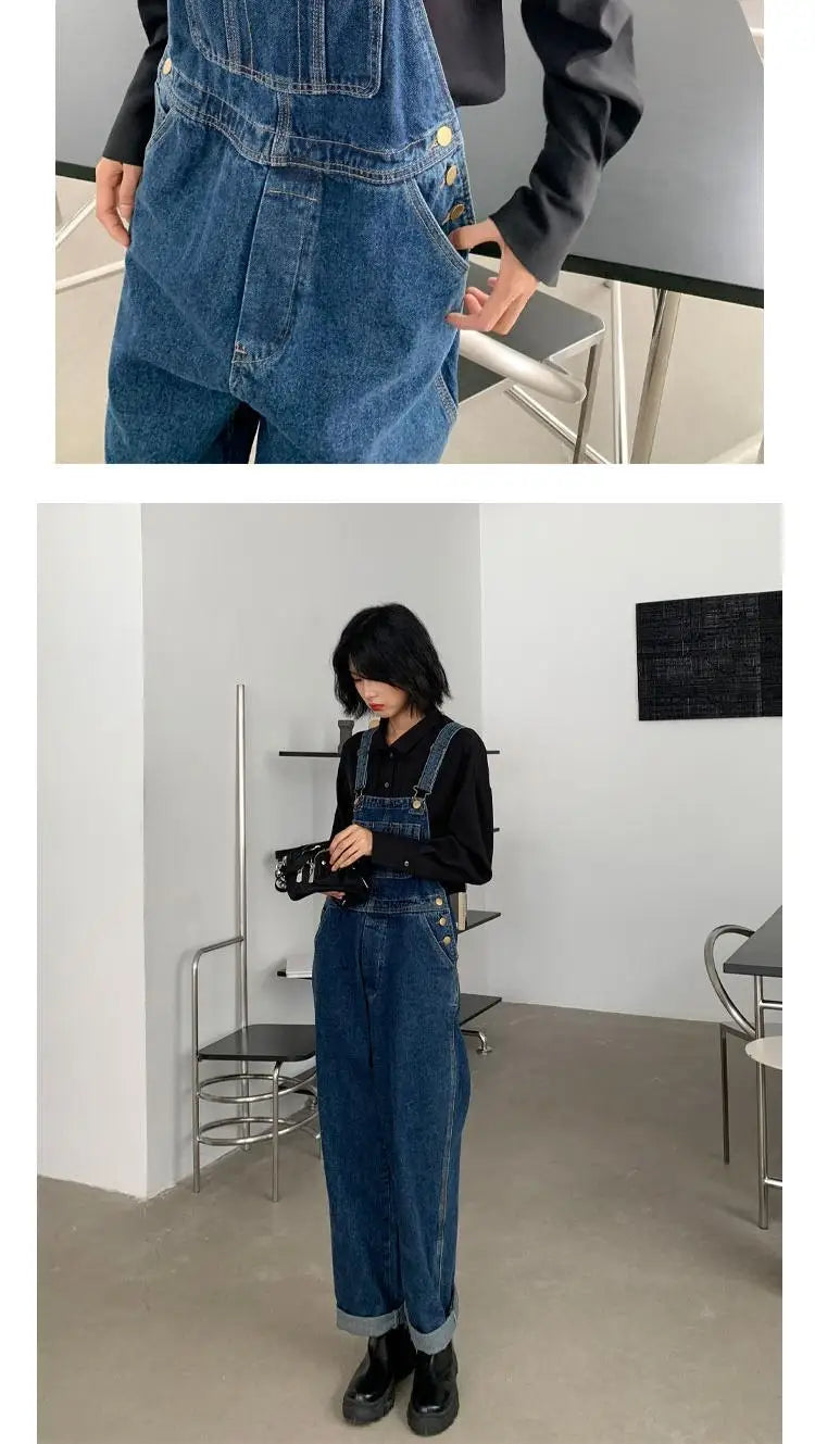Jumpsuits Women Dark Blue Vintage Streetwear Harajuku Casual Fashion High Waist Loose Overalls Ulzzang Denim Suspenders Trousers