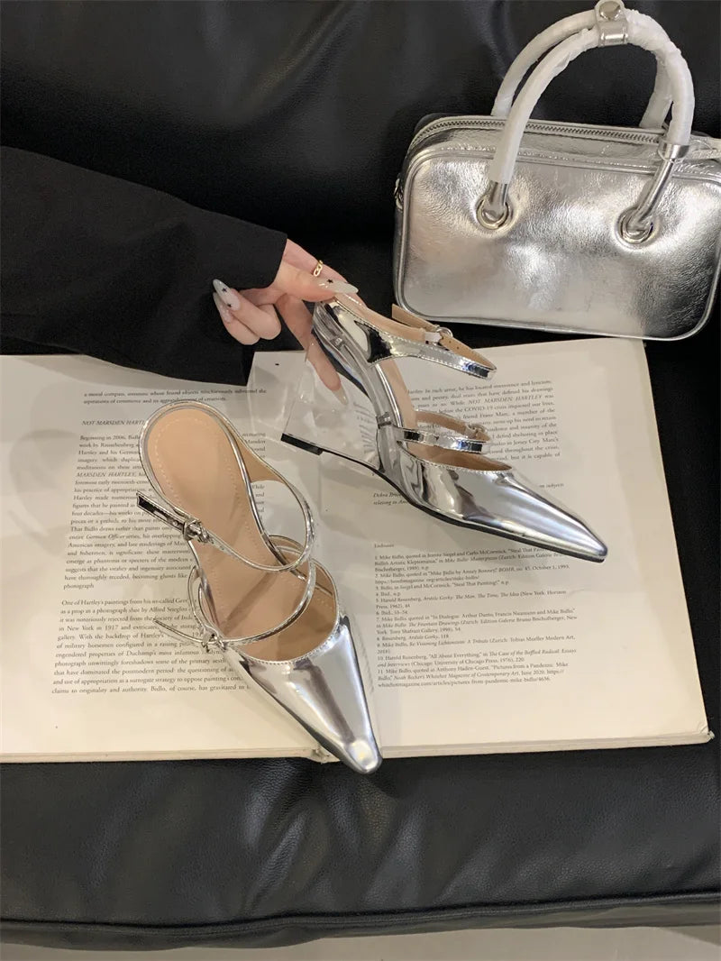 Liyke New Fashion Transparent Wedge Slippers Women Pumps Patent Leather Pointed Toe Buckle Strap Designer High Heels Mules Shoes