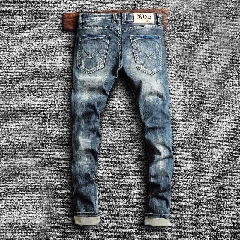 Italian Style Fashion Men Jeans Retro Blue Elastic Slim Fit Ripped Jeans Men Trousers Vintage Designer Casual Denim Pants Hombre
