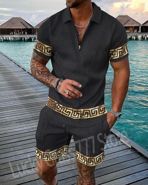 Men's Polo Tracksuit Set Summer Fashion Men Short Sleeve Zipper Polo Shirt&Shorts Set for Men Casual Streetwear 2 Piece Suit