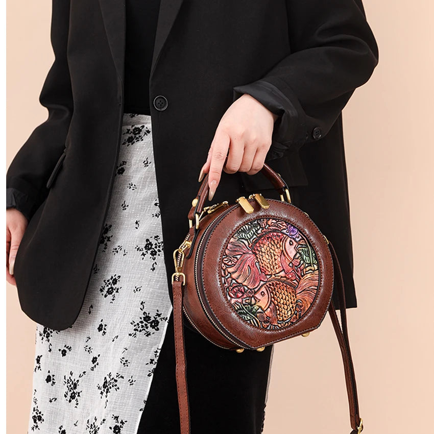 Vintage Handbag Women Shoulder Bag Luxurious Designer Round Bag High-quality Gift Embossed Printed Crossbody Purse for New Women