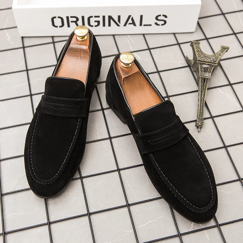 Men Dress Shoes Loafers Suede Pointed Toe Low Heel Fashion Business Casual Breathable Wedding Daily Dress Shoes Zapatos Hombre
