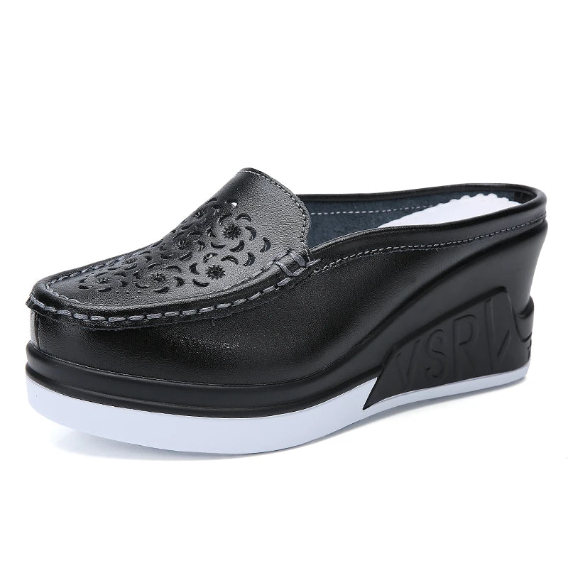 STRONGSHEN Women Slippers Casual Hollow Out Heel Wedge Thick Bottom Increase by 8cm Half Slippers Women's Non slip Fashion Shoes