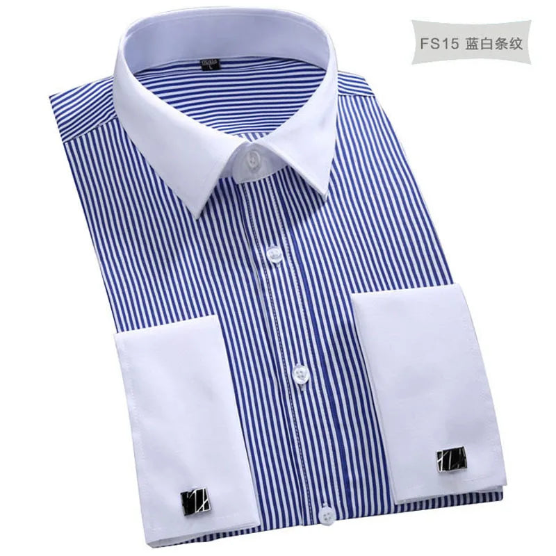 Men's Blue Long-sleeved Dress Shirts, Single-breasted Lapel Vertical Striped Shirt Men, White,Purple,Black,Pink,Yellow Optional