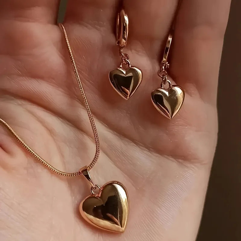 Glossy Gold Plated Metal Love Heart Dangle Earrings Necklace Jewelry Set for Women Simple Dainty Daily Wear Outfit Accessories