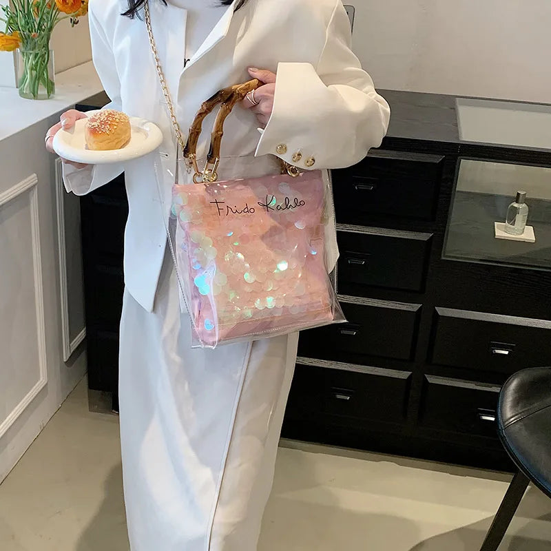 Large Capacity Women PVC Handbags High Quality Ladies Transparent Beach Tote Shoulder Messenger Bags Casual Chain Crossbody Bag