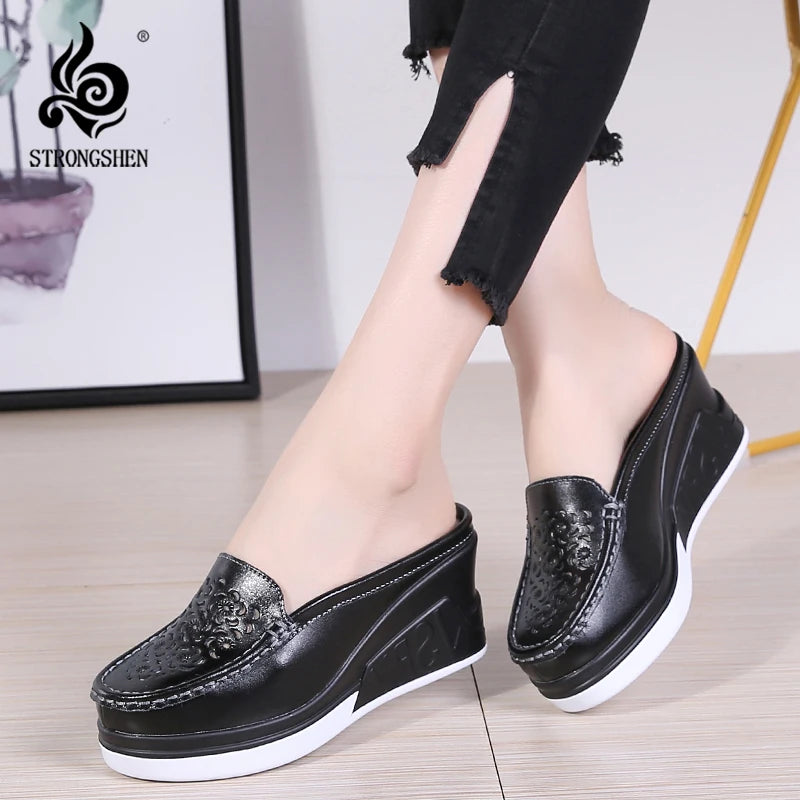 STRONGSHEN Women Slippers Casual Hollow Out Heel Wedge Thick Bottom Increase by 8cm Half Slippers Women's Non slip Fashion Shoes