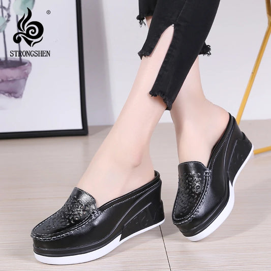 STRONGSHEN Women Slippers Casual Hollow Out Heel Wedge Thick Bottom Increase by 8cm Half Slippers Women's Non slip Fashion Shoes
