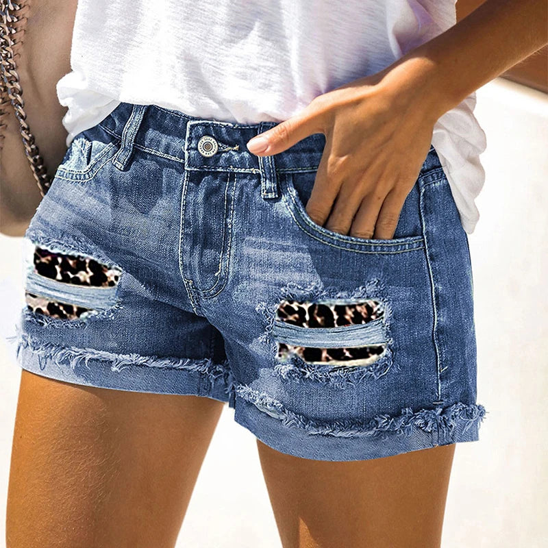 Fashion Leopard Ripped Women Jean Shorts Summer Stylish Roll Up Hem Denim Hot Pants Streetwear Raw Edge Female Super Short Pants