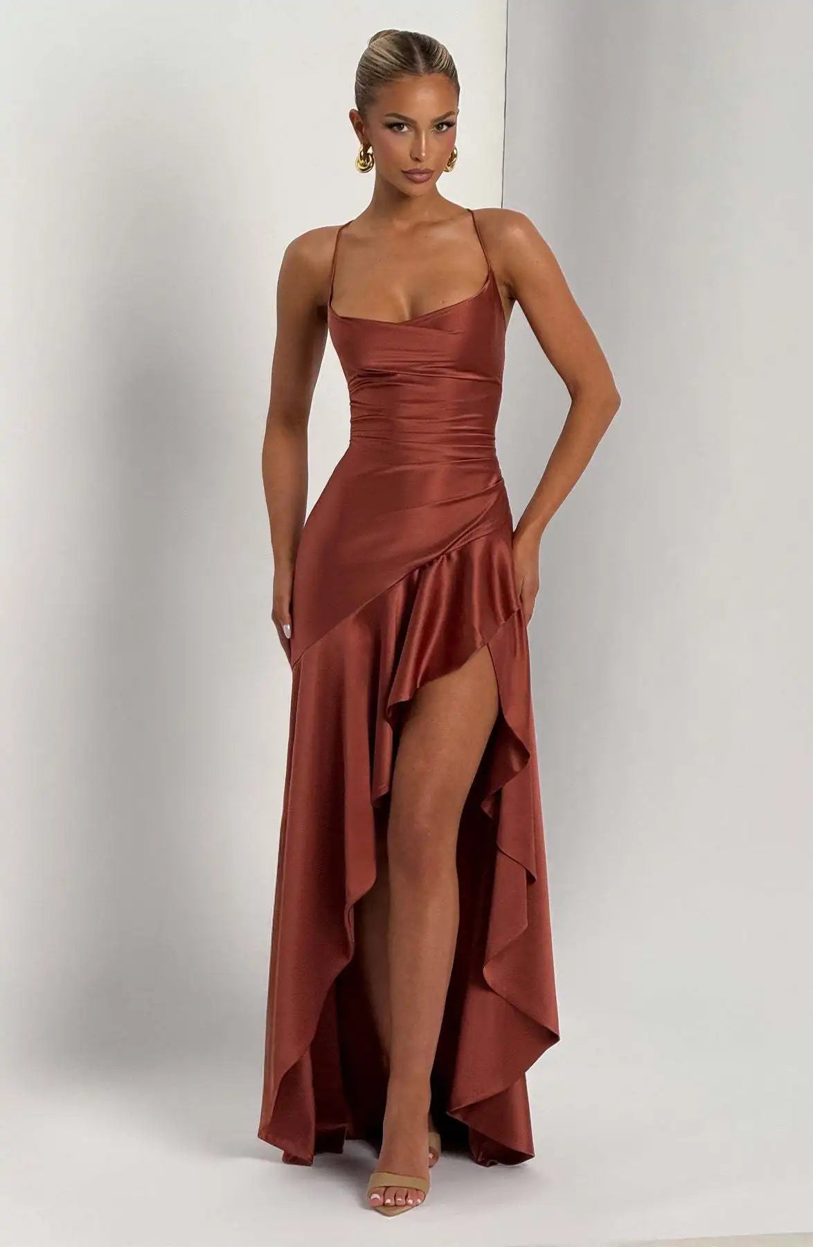 Summer Dresses For Woman Sexy Vestidos Slim Backless Elegant Evening Dress Slit Solid Color Spaghetti Strap Leace-up Temperament
