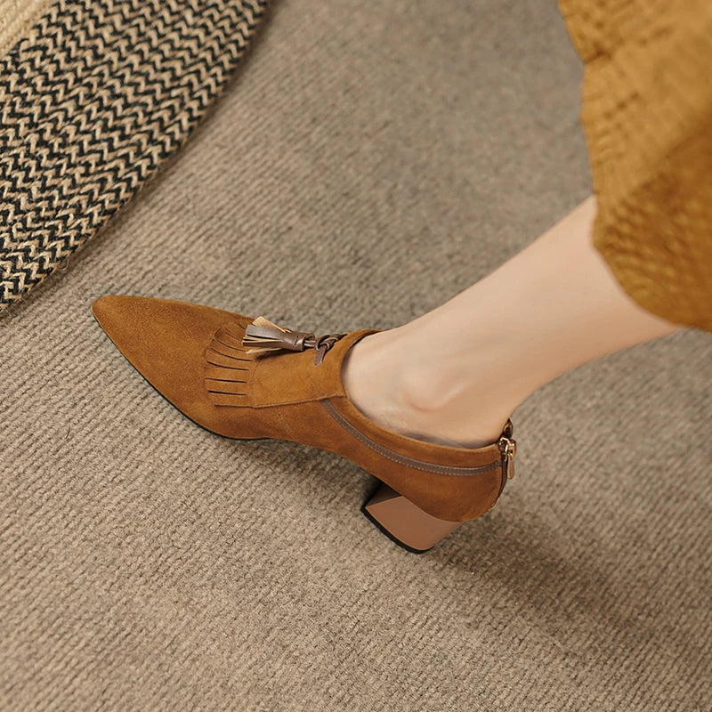 2025 Spring Women Shoes Pointed Toe Chunky Heel Women Pumps Sheep Suede High Heels Belt Buckle Shoes for Women zapatos de mujer