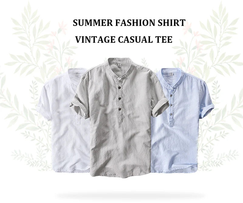 Streetwear Summer Fashion Shirt Men Short Sleeve Casual Cotton Linen Shirt Hombre Round Collar Designer Leisure T-shirt Men