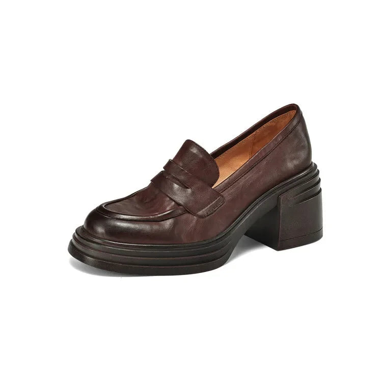 Women Chunky Heel Genuine Leather Wedge Shoes Woman Platform Pumps Female High Heel Zapatos Mujer Handmade thick sole Loafers
