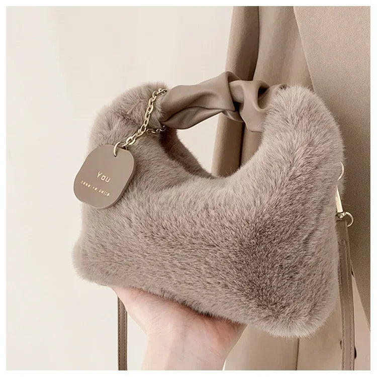 Women Faux Fur Plush Handbags Ruched Handle Small Lady Shoulder Crossbody Bag Casual Tote Half-Moon Hobos Winter Bags for Women