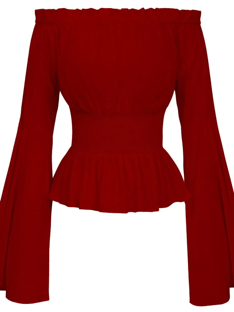 Womens Blouse Gothic Renaissance Flare Sleeves Ruffles Off Shoulder Corset Tops Medieval Victorian Cosplay Costume Pirate Shirt