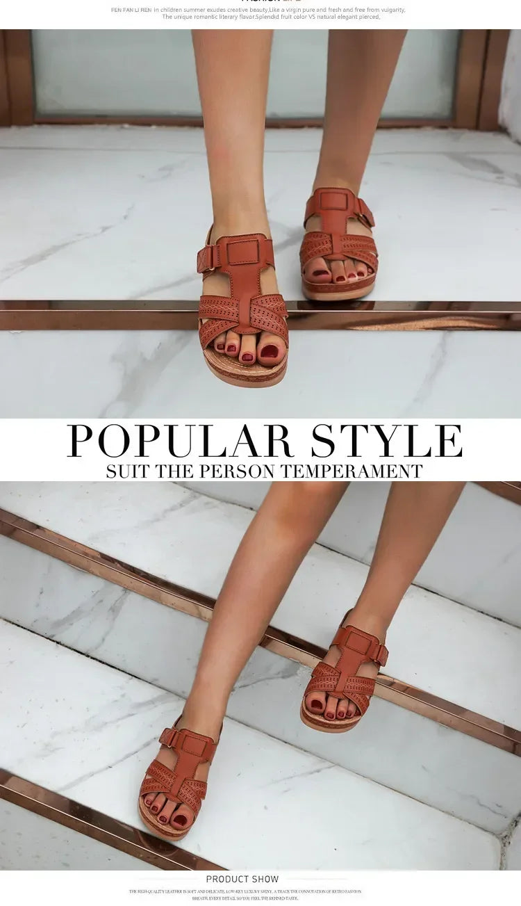 2024 Summer Women Wedge Sandals Premium Orthopedic Open Toe Sandals Vintage Anti-slip Leather Casual Female Platform Retro Shoes