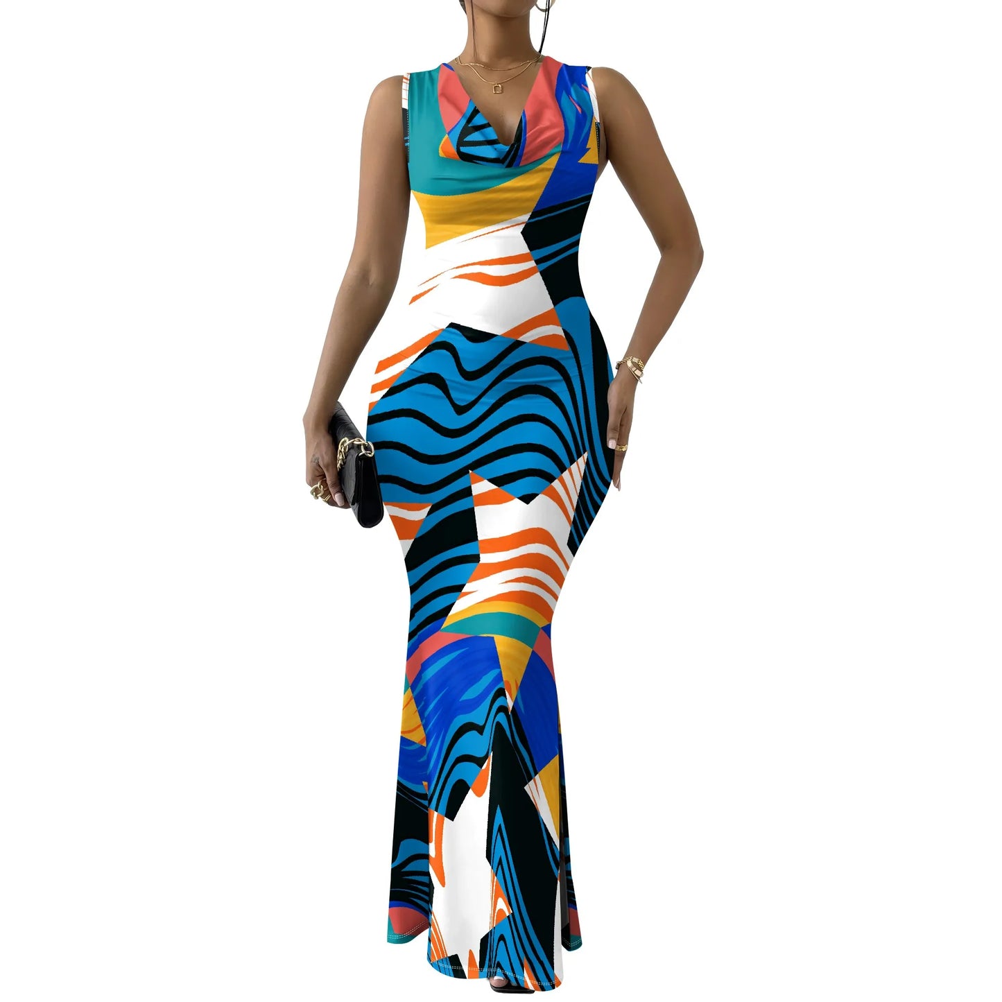 Womens Sexy Casual Dresses Colorful Geometric Off-Shoulder Maxi Dress  Artistic Party Evening Resortwear Swing Neck Dress