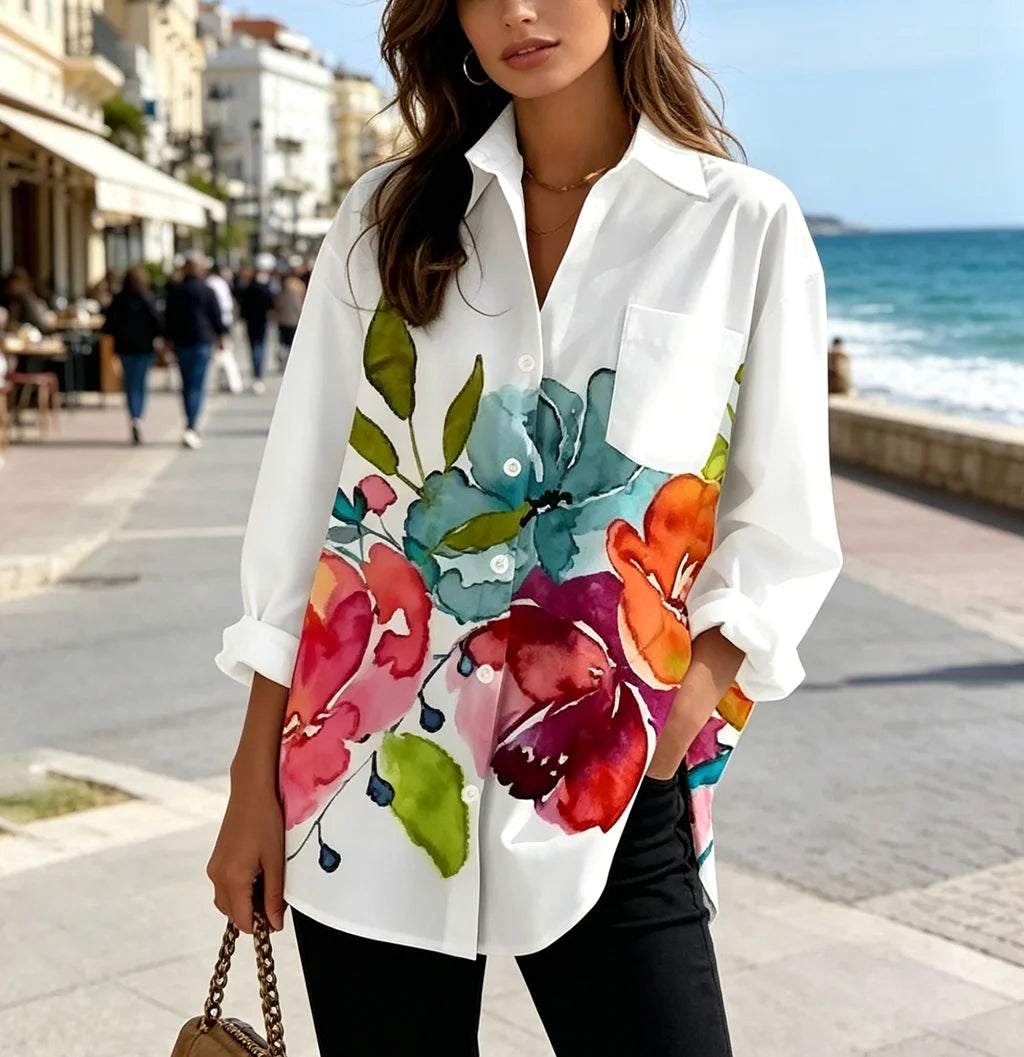 Women's Watercolor Floral Print Blouse Casual Long Sleeve Button Down Shirt Loose Fit Elegant Office Ladies White Tops