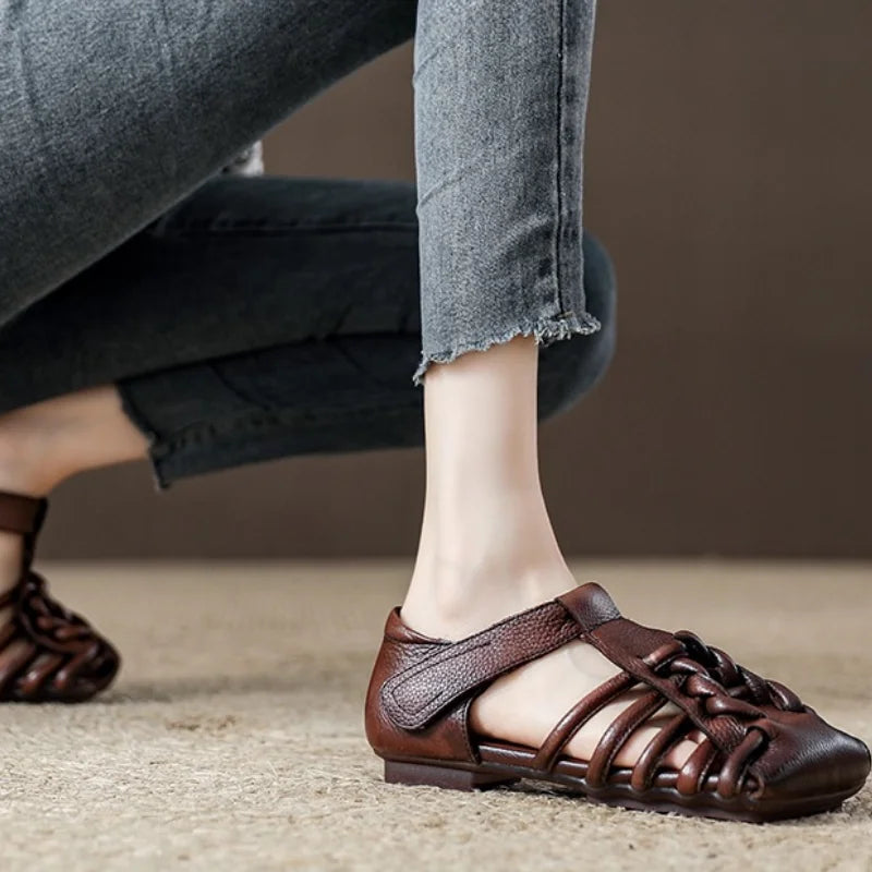 Genuine  Sandals Women Handmade Woven Literary Style Hollow Flat Roman Sandals Ladies Summer Shoes Sandalias