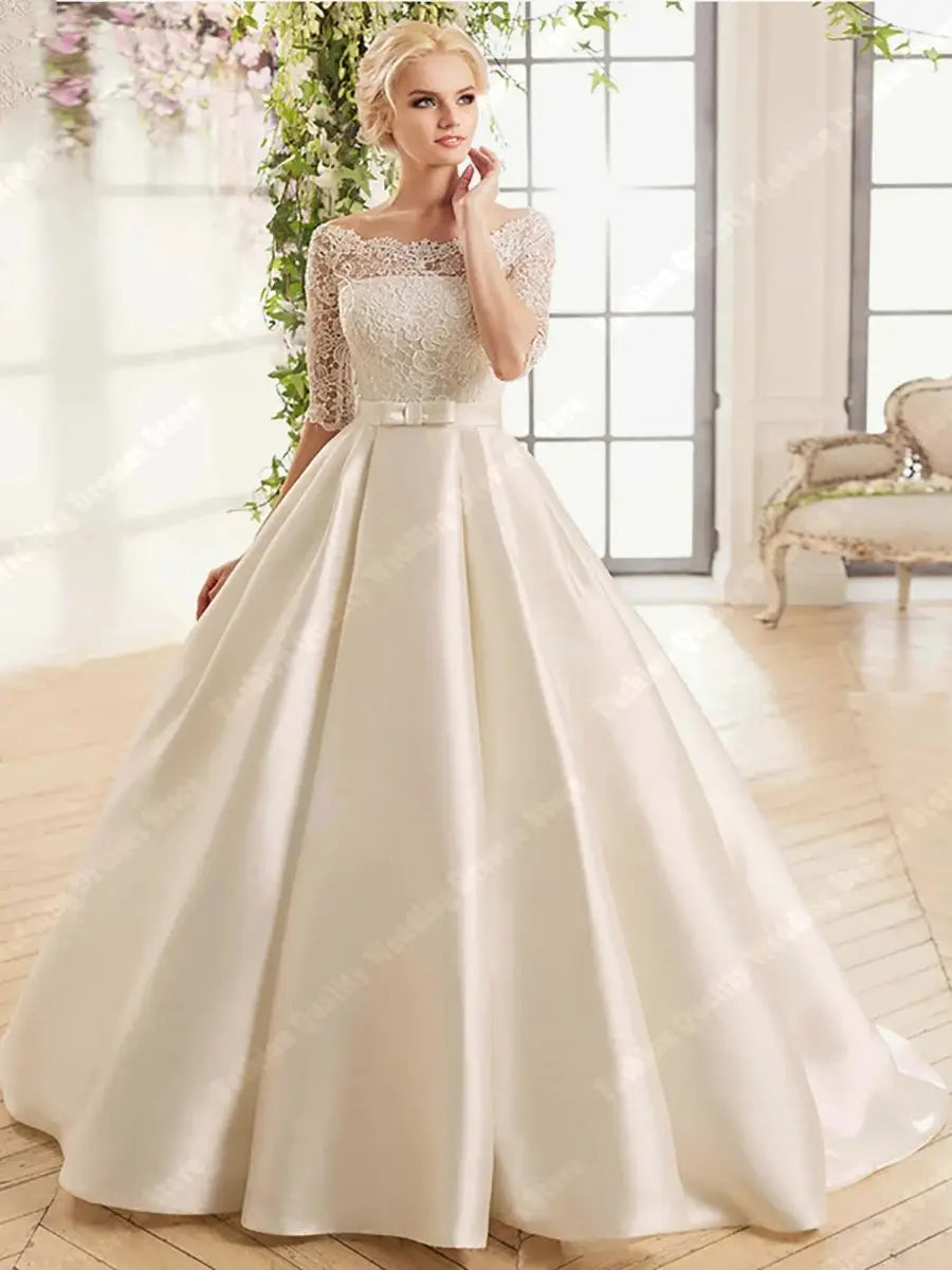 High Quality Round Neck Bride Dresses Classic Bright Satin Wedding Gowns New Graceful A-Line Wedding Vestido De Novia Customized