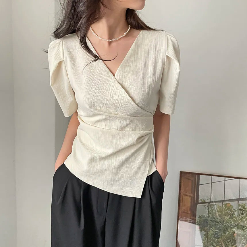 Women Blouse 2026 Spring Summer Solid Tucked V Neck Slim Blouse Elegant Short Sleeve Asymmetrical Top For Women Hot Sale