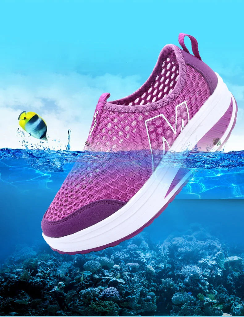 Women Mesh Flat Shoes Sneakers Women Swing Wedge Hollowed Out Slip-on Shoes Women Platform Breathable Lightweigt Vulcanization