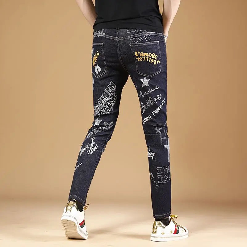 Summer New Embroidered Jeans Men Trendy Brand Korean Version Slim Fit Small Feet Trendy Casual Versatile Stretch Pants