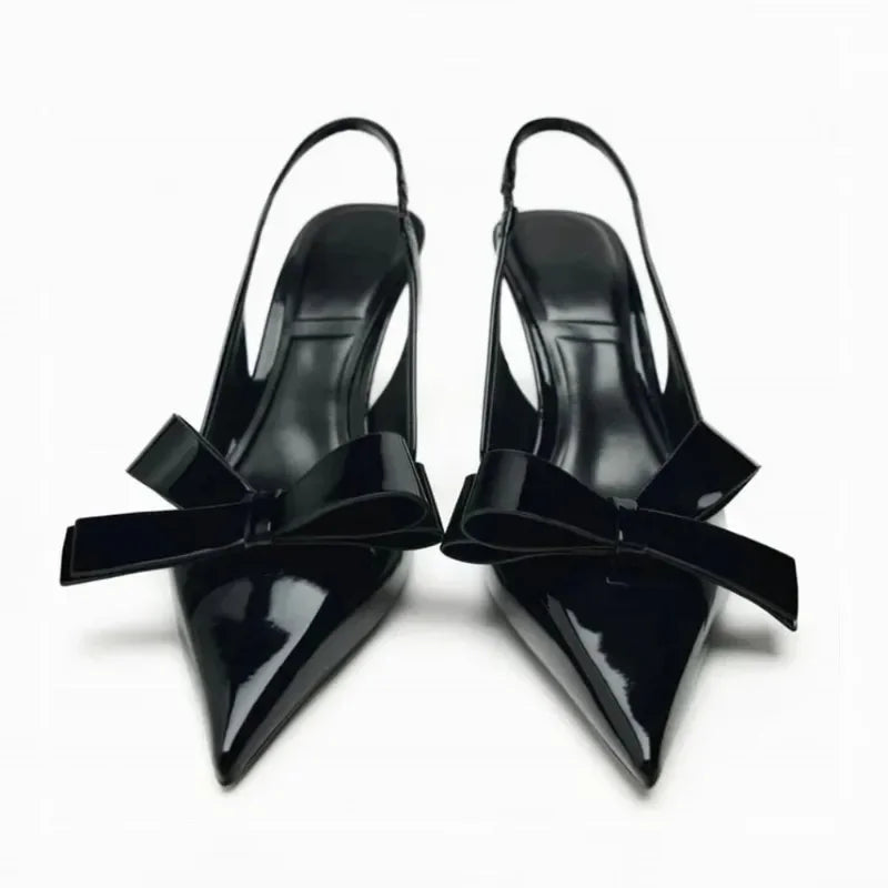 2025 Summer High Heel Sandals for Lady Pointed Toe Sexy Fashion Black Stilettos Bow Decoration Brand Designer Women Dress Shoes