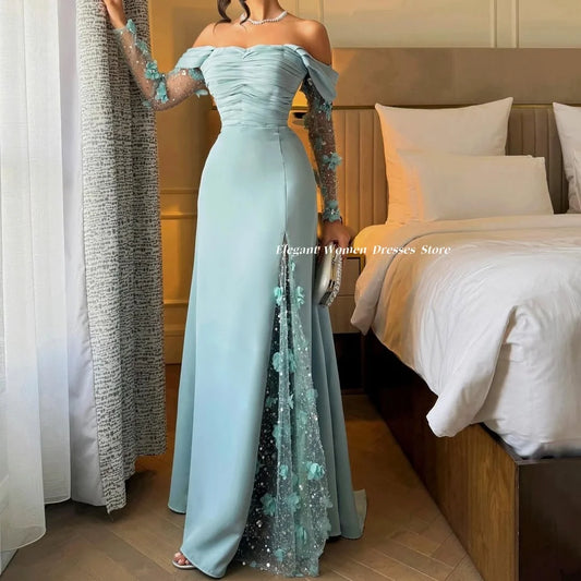 Women‘s Evening Dresses with Appliques Sky Blue Prom Dress Sexy Slit Party Dress vestidos de fiesta elegantes Customized