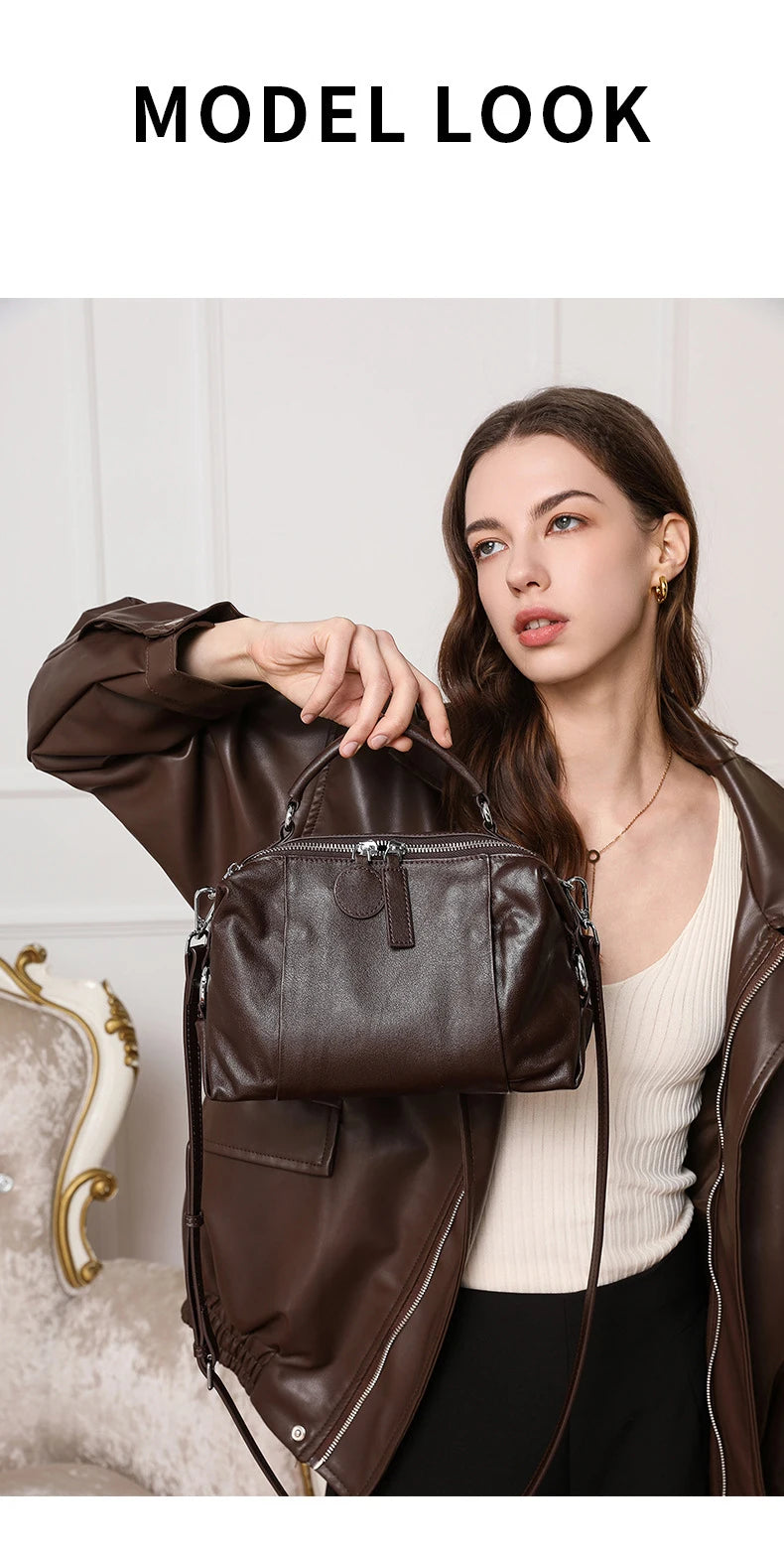 Women's Handbag 2025 New Top Grain Leather Boston Bag Unique Shoulder Crossbody Bag Vintage Commuting Versatile Handheld Tote