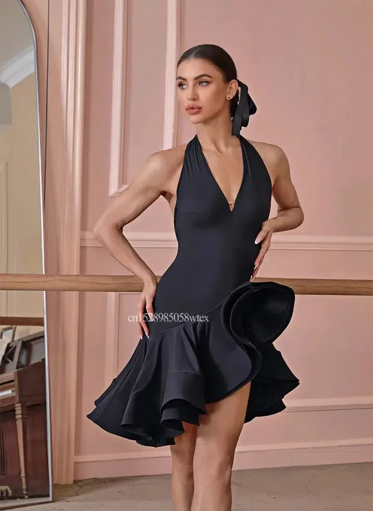 Black Latin Dance Dress Women's Sexy Sleeveless Hanging Neck Dress Professional Latin Dance Match Burgundy Dress