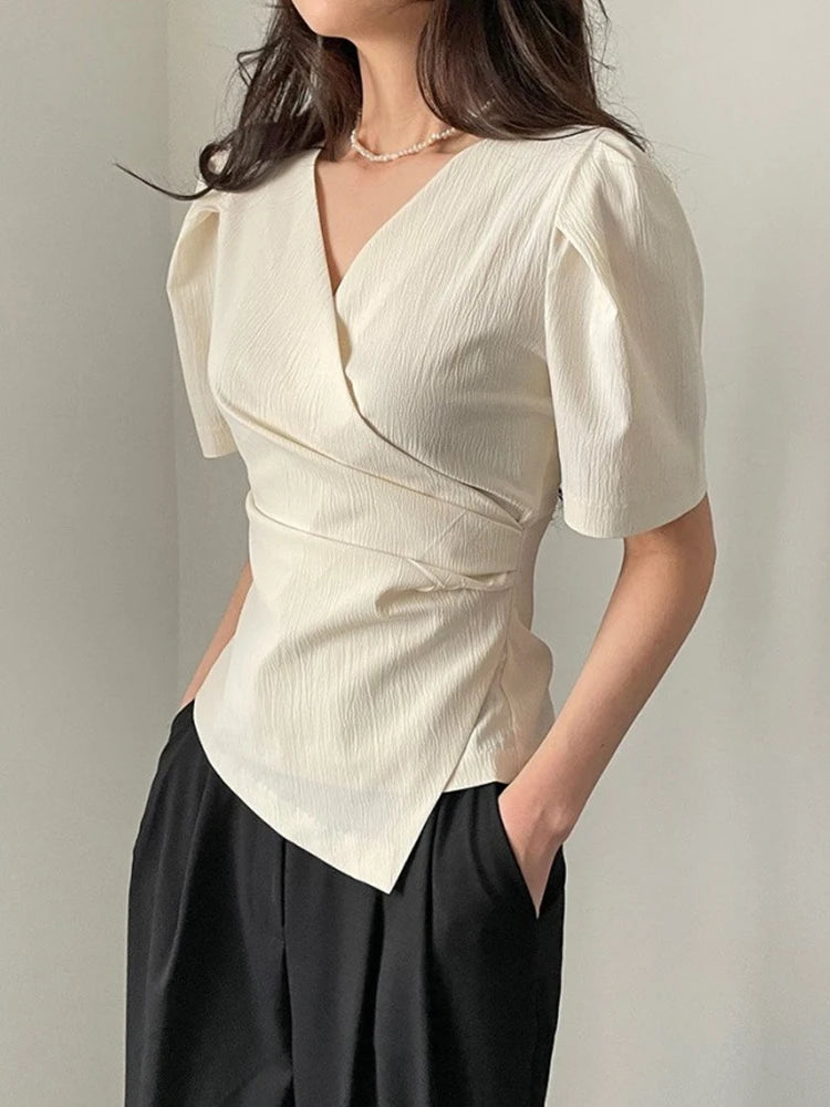 Women Blouse 2026 Spring Summer Solid Tucked V Neck Slim Blouse Elegant Short Sleeve Asymmetrical Top For Women Hot Sale