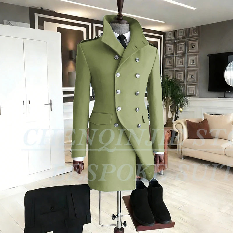 Casual Men's Suits 2 Piece Jacket Pants Grey Double Breasted Stand Lapel Luxury Blazer
