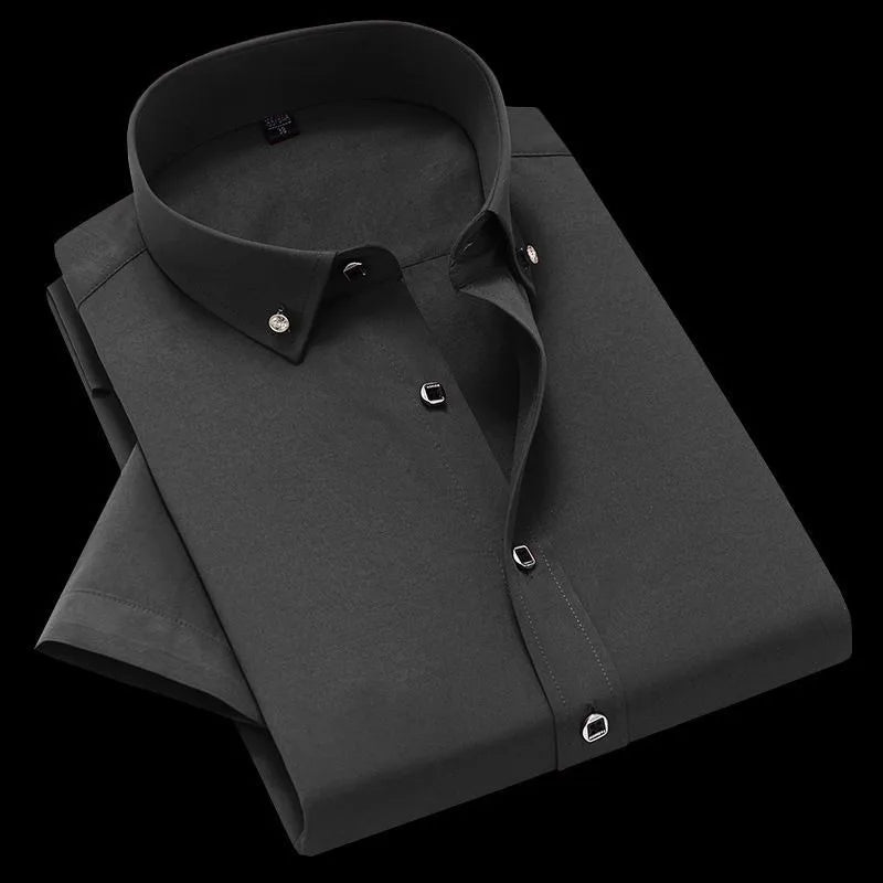 High Quality Non-ironing Mens Dress Shirt Short Sleeve New Solid Male Clothing Fit Business Shirts White Black Blue Navy Red