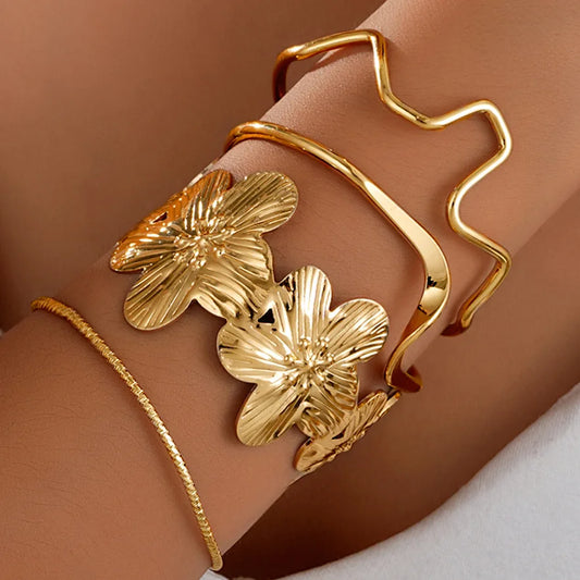 4pcs European & American Fashion Elegant Floral Line Bangles - Creative Gold Eco-Friendly Iron Minimalist Bracelets for Women