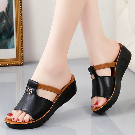 Genuine Leather Wedge Sandals for Women, Summer Soft Soles, Lightweight Thick Soles, Women's Sandals, Slippers, Outer Wear Mom's Shoes