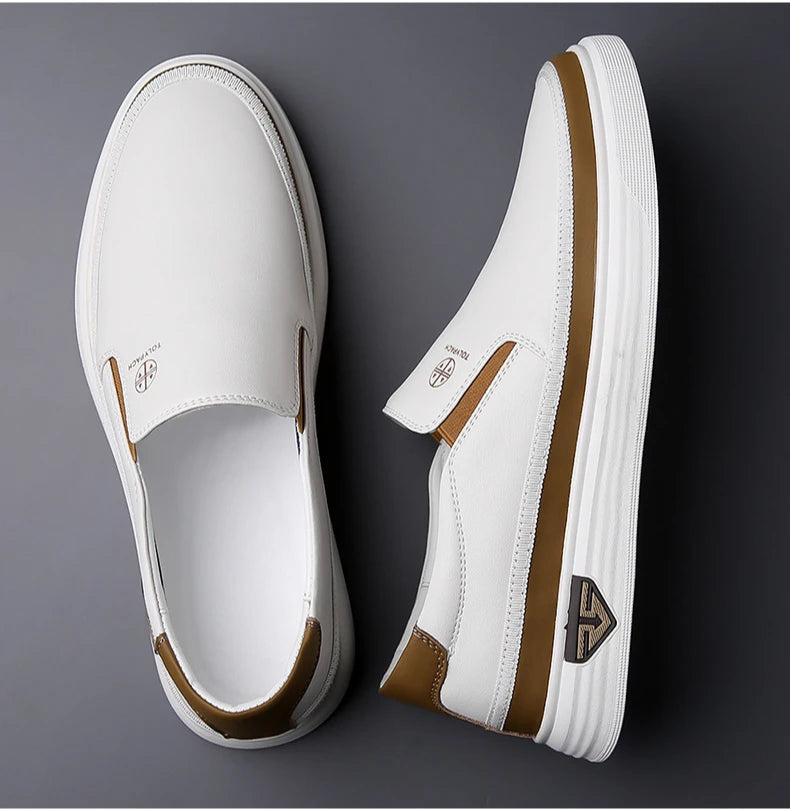 New 2025 Men's Genuine Leather Casual Sneakers Spring Summer Fashion Slip-On White Shoes Soft Sole Comfortable for Everyday Wear