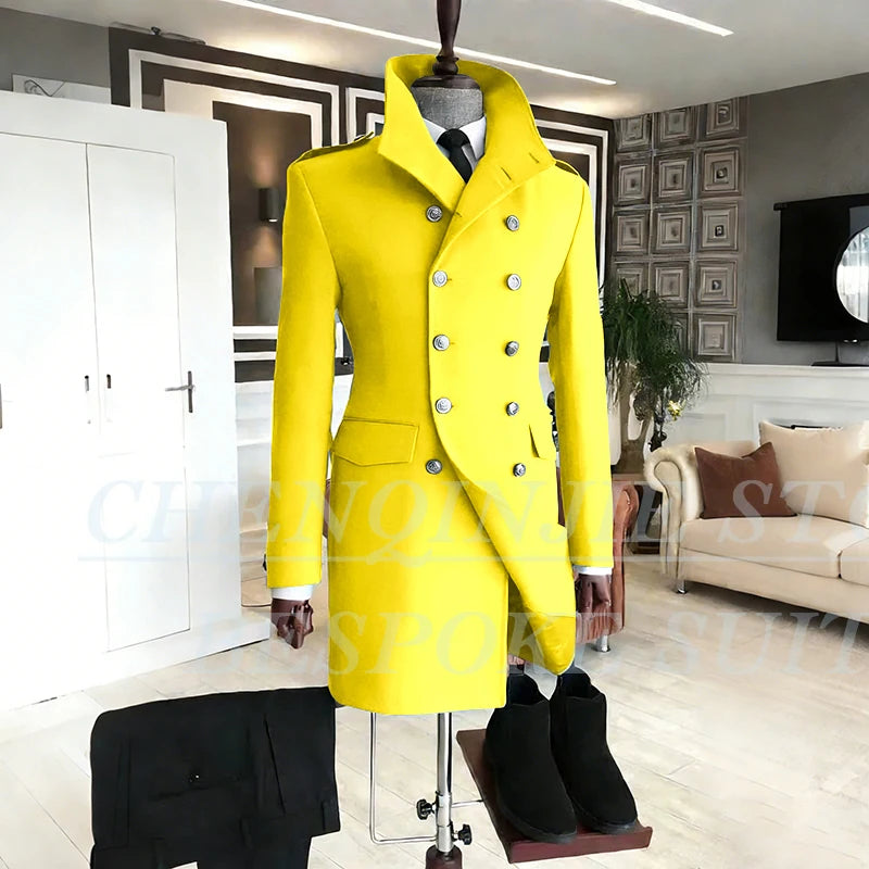 Casual Men's Suits 2 Piece Jacket Pants Grey Double Breasted Stand Lapel Luxury Blazer